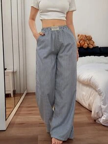 Napfluff Women's Woven Bubble Crinkle Striped Casual Lounge Pants - Blue - View 1