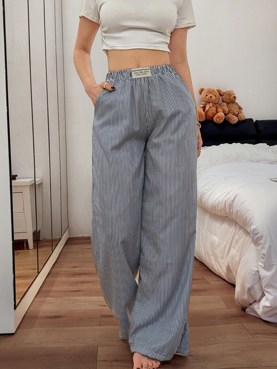 Napfluff Women's Woven Bubble Crinkle Striped Casual Lounge Pants - Blue - View 1
