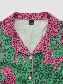 Chillnights Young Colorblock Leopard Print Collared Woven Plus Size Pajama Set - Green - View 7