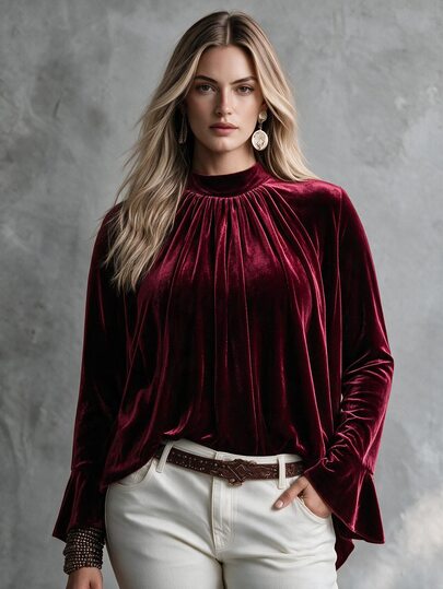 Trelyra Plus Size Women's New Burgundy Stand Collar Pleated Asymmetric Bell Sleeve Velvet Top, Vintage Velvet Stand Collar Base Layer, Plus Size Loose Pleated Bell Sleeve Asymmetrical Drape Top, Loose Drape Fit, Layered Stand Collar Design, Full Pleated Detail On Front, Asymmetric Hem, Hidden Mushroom Button Back Neckline, Commuter Velvet Top