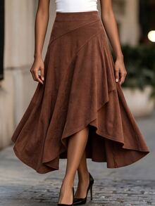 Balvessa Elegant Commute Modern Date Loose A-Line Asymmetrical Women's Mid-Length Skirt Brown Coffee Corduroy Spring Autumn Winter - Brown - View 4