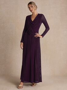 Enchnt Women's Solid Color V-Neck Pleated Casual Party Long Dress - Red Violet - View 5