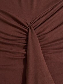 Poshavie Poshavie Plus Size Women's Long Sleeve Bodycon Midi Dress, Deep Cowl Neck Ruched Dress With Mesh Ruffle Hem, Elegant Party Cocktail Dress - Coffee Brown - View 7