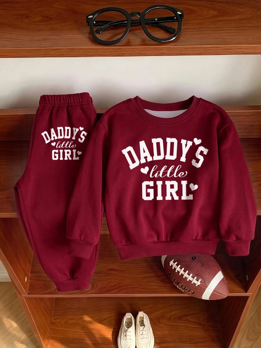 酒紅色可愛字母 Daddy's Little Girl❤ 女童休閒加厚柔軟長袖圓領運動衫與運動長褲套裝,適合秋冬日常穿著與外出 - 彩色 - 查看 1