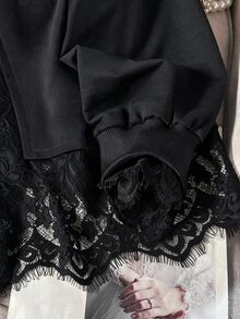 Lacomfia 女款 2 合 1 長袖蕾絲拼接休閒百搭大尺碼運動衫 - 黑色 - 查看 7