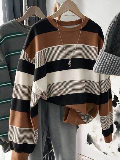 SHEIN LUNE Casual Minimalist Plus Size Colorblock Crew Neck Sweatshirt For Daily Wear