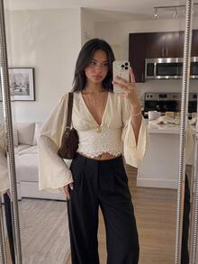 Serisse Women's Lace Deep V-Neck Bell Sleeve Blouse - Beige - View 5