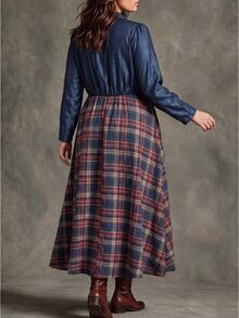Nubod Plus Size Country Vintage Plaid Patchwork Denim Elegant Western Style Shirt Dress With Extra Dress - Multicolor - View 2
