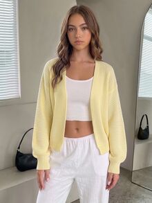 SHEIN 青少年女孩純色休閒百搭日常長袖開襟衫 告別白 秋季 - 黃色 - 查看 4