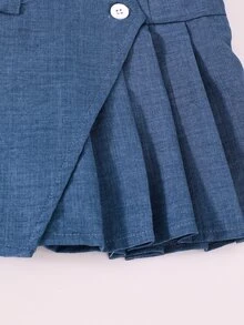 SHEIN 青少年女孩 2 件套：藍色背心上衣與長褲，兒童休閒優雅白色亮面提花珍珠鈕扣開襟衫配長褲... - 藍色 - 查看 6