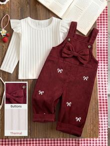 Baby Girl Casual Jumpsuit With Suspenders, Buttons And Bowknot Decoration - Red - View 3
