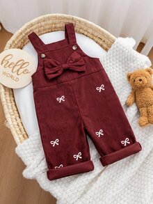 Baby Girl Casual Jumpsuit With Suspenders, Buttons And Bowknot Decoration - Red - View 6
