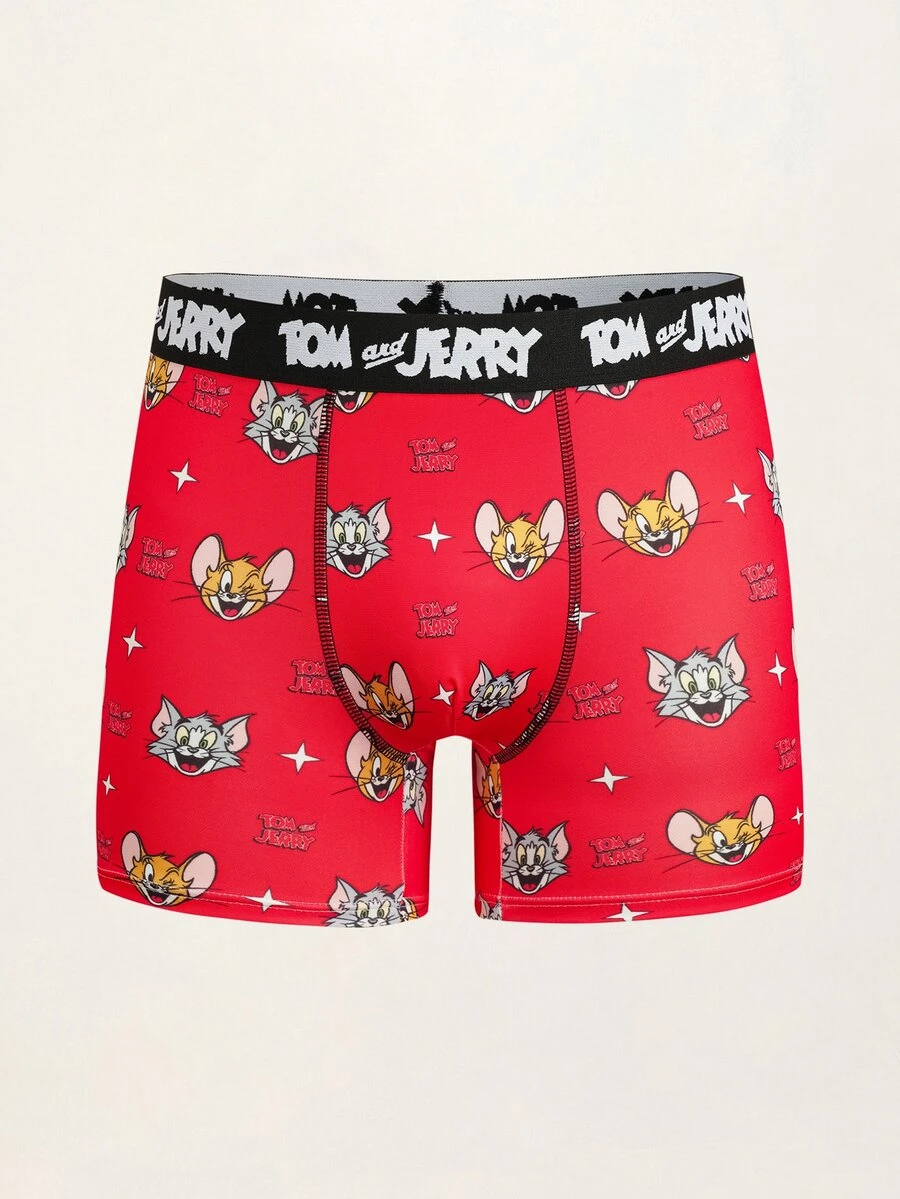 TOM & JERRY X SHEIN Men's Full-Print Cartoon Graphic Boxer Briefs - Red - View 1