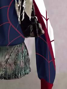SHEIN EZwear 女款海軍藍與酒紅拼色蜘蛛圖案灰色寬鬆半拉鍊高領輕量保暖套頭運動衫，適合萬聖節、電影約會、朋友聚會等場合 - 彩色 - 查看 5
