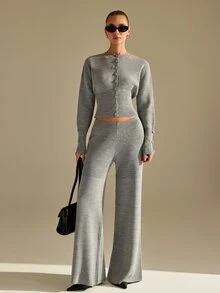 CLARA VERO Button Front Flare Knit Pants Set, Slim Fit, Daily Or Casual, Open Crew Neck, Mild Bell Bottom - Cream - View 6