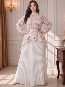 Rometta Plus Size Multi-Color Floral All-Over Print Stand Collar Frog Button Long Sleeve Cinched Waist A-Line Front Short Back Long Hem Blouse + Elastic Waist Full Skirt 2 Pieces Set Elegant Chinese Style For Outing, Date, Gathering, Party - Multicolor - View 7