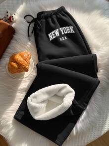 SHEIN EZwear 女款休閒低腰寬腿運動長褲，保暖內裡運動長褲，女款秋冬服飾 - 黑色 - 查看 3