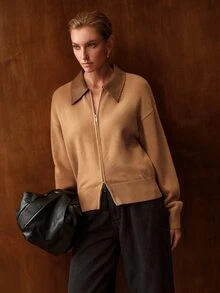MOTF PREMIUM Áo cardigan len dệt kim tay dài kéo khóa phong cách streetwear nữ - Màu Khaki - Xem 8