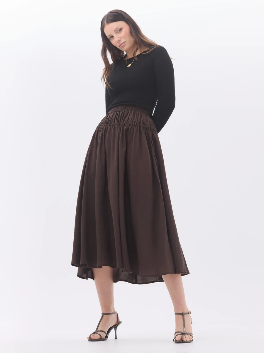 KÆRIA Hus Drawstring Waist Midi Skirt - Fluid Textured Lyocell - Chocolate - Transeasonal, Effortless Layering - Brown - View 1