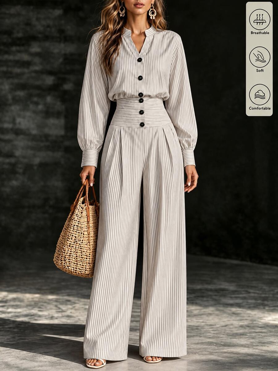 SHEIN Orluneo Jumpsuit nữ kẻ sọc cổ bẻ cài nút tay dài ống rộng - Xám - Xem 1