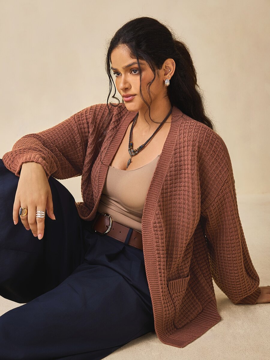 Nubod Plus Size Brown Pocket Design Long Sleeve Cardigan Sweater Vintage Comfortable Casual - Brown - View 1