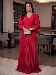 SHEIN Lady CURVE Plus Size Elegant Pleated V-Neck Evening Dress - Red - View 1