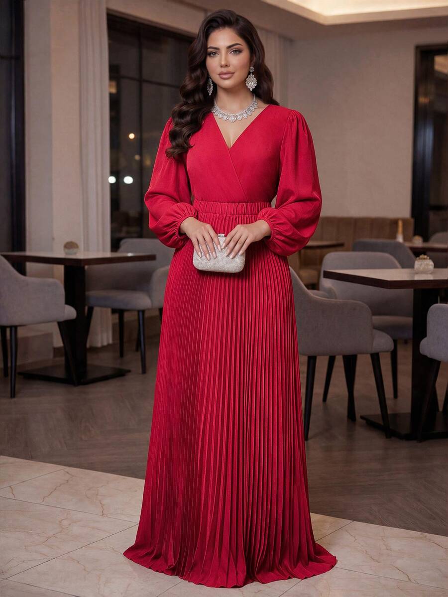 SHEIN Lady CURVE Plus Size Elegant Pleated V-Neck Evening Dress - Red - View 1