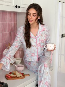 SweetSlumber Women's Sweet Cute Bear Plaid Print Colorblock Collar Pajama Set - Multicolor - View 1