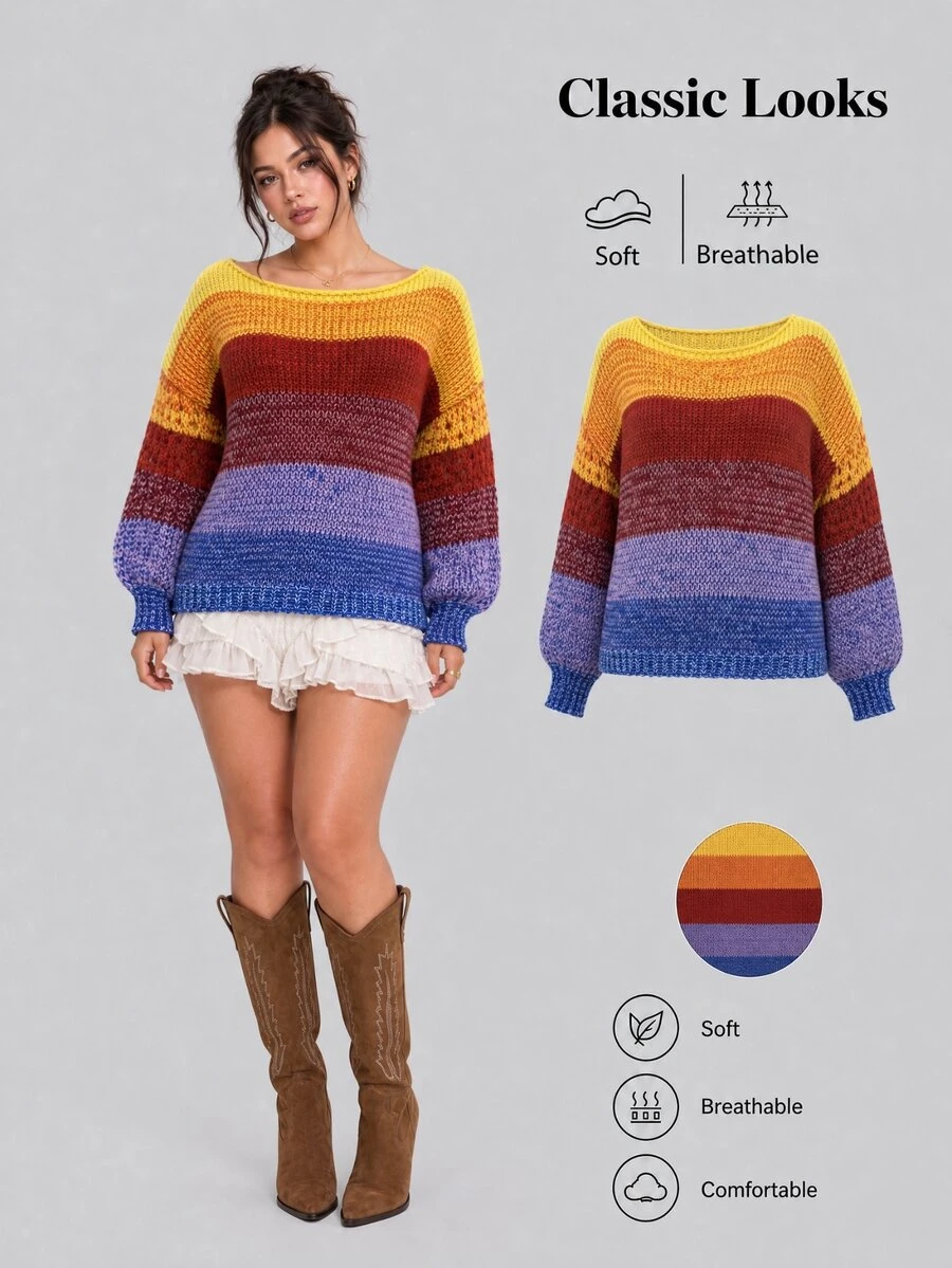 Sweetra CURVE Plus Size Women's Colorblock Round Neck Long Sleeve Casual Versatile Daily Wear Sweater - Multicolor - View 1
