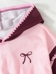 SHEIN 青少年女孩拼色抓絨內裡連帽衛衣套裝 可愛蝴蝶結圖案假兩件式衛衣與寬腿褲 2件組 秋冬保暖套裝 - 酒紅色 - 查看 7