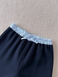 SHEIN 青少年女孩秋冬抓絨2件套套裝，學院風翻領2合1短版衛衣配蝴蝶結刺繡與寬腿運動長褲套裝 - 藏蓝色 - 查看 4