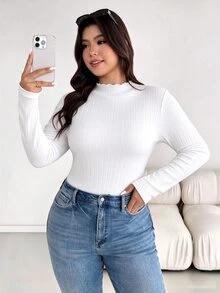 Shapeblank 大尺碼女款秋冬時尚休閒高彈性舒適日常紋理布料半高領杏色長袖修身T恤－基礎上衣，適合秋季與戶外穿著 - 白色 - 查看 3