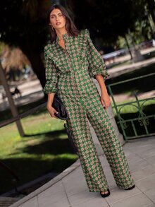 Nöista Geometric Print Ruffle Trim Jumpsuit - Green - View 2