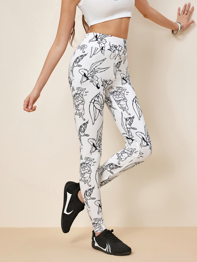 LOONEY TUNES X SHEIN Women's Cartoon Print High Waist Casual Daily Wear Tight Leggings