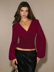 Poéselle Women's Solid Color V-Neck Slim Fit Versatile Daily Casual Sexy Blouse Date Night Night Out Burgundy - Burgundy - View 6