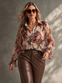 Ceyna Plus Size Autumn/Winter New Rose Peony Floral Pattern Chiffon Fabric Long Sleeve Valentine's Day Party Blouse - Multicolor - View 2