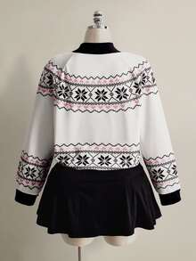 SHEIN ICON Plus Size Y2K Vintage Fair Isle Colorblock Sweatshirt, Christmas Casual Retro Sweatshirt - Black and White - View 10