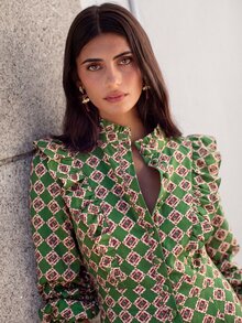 Nöista Geometric Print Ruffle Trim Jumpsuit - Green - View 7