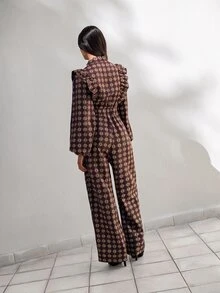 Nöista Geometric Print Ruffle Trim Jumpsuit - Brown - View 5
