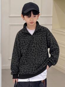 Dazy Kids 青少年男孩休閒寬鬆豹紋 Polo 領運動衫，秋季 - 黑色 - 查看 3