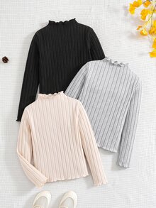 3pcs Tween Girls' Casual All-Match Solid Color Ribbed Lettuce Trim Mock Neck T-Shirts - Multicolor - View 2