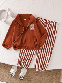 SHEIN 女童 2 件套，秋冬長袖拉鍊立領夾克 + 條紋慢跑褲，可愛卡通臘腸狗印花上衣，舒適休閒兒童服飾，適合學校、日常戶外穿著 - 棕色 - 查看 5