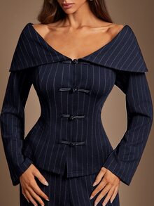 Radiana Women's Cold Shoulder Single-Breasted Long Sleeve Striped Asymmetrical Hem Blazer Suit - Navy Blue - View 5