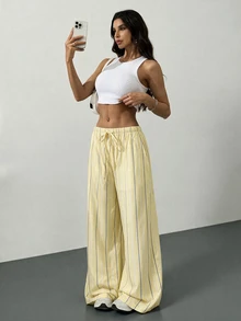 SHEIN Tall Women's Drawstring Striped Long Pants Suitable For Dating, Vacation, Party, Daily Wear, Gathering, Outdoor Activities - Yellow - View 5