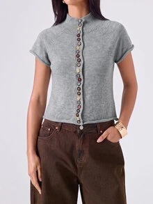 LYSMO Women's Solid Color Single-Breasted Stand Collar Casual Versatile Daily Wear Cardigan - Grey - View 3