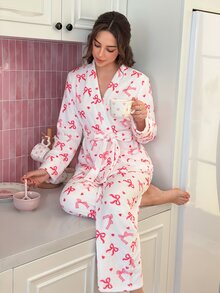SweetSlumber Women's Cute Bow Plush Pajama Set, Contrast Color Romantic French Style Sleepwear Set, Autumn/Winter - Multicolor - View 5