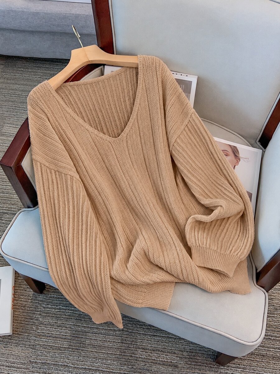 GlowEve CURVE Plus Size Elegant Kawaii Casual V-Neck Drop Shoulder Long Sleeve Pullover Sweater Fall Winter Home Evening Camel Women's Sweater - Bronze - View 1