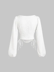 SHEIN MOD 米褐色花卉宮廷風燈籠袖前綁帶上衣，適合慕尼黑啤酒節、下午茶派對、早午餐、度假、秋季鄉村風 - 白色 - 查看 4