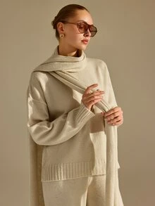 CLARA VERO Boucle Scarf Detail Knit Flare Set, Cozy Winter Out, Crew Neck, Removable Scarf, Flared Leg Pant - Pink - View 9