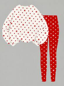SHEIN Tween Girls Cute Adorable Santa Claus, Reindeer, Gingerbread Man Pattern, Polka Dot Snowflake, Christmas Red, Soft Thick Crew Neck Long Sleeve Sweatshirt And Leggings Set, Suitable For Autumn/Winter Christmas, New Fall Styles, Chic, Fall Set - Multicolor - View 4